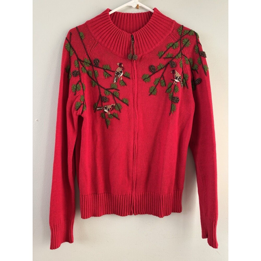 Coldwater Creek Birds And Pines Cardigan Sweater‎ Red Embroidered Zip Size M